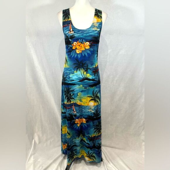 Vintage 90s tropical Hawaiian sunset print maxi beach dress size 1XL - Picture 1 of 4